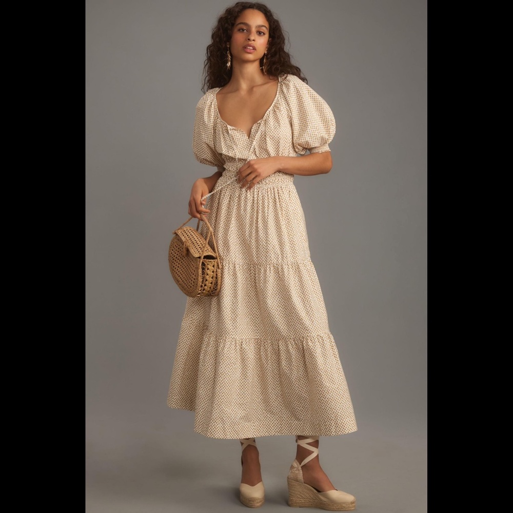 Anthropologie Cream Maxi Dress with Subtle Dot Pattern